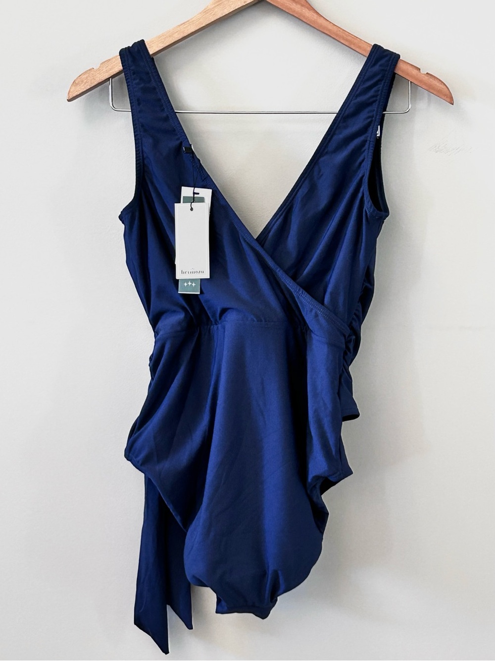 Hermoza Karen Navy Blue One-Piece V-neck Wrap Side Tie Swimsuit Women’s 8 NEW - Picture 2 of 16